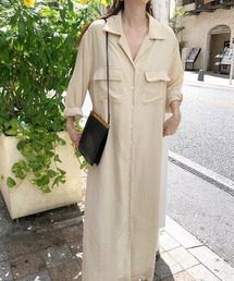 韓国風 ゆったりシルエット シンプルシャツワンピース ダブルポケット シングルボタン 長袖リラックスワンピース