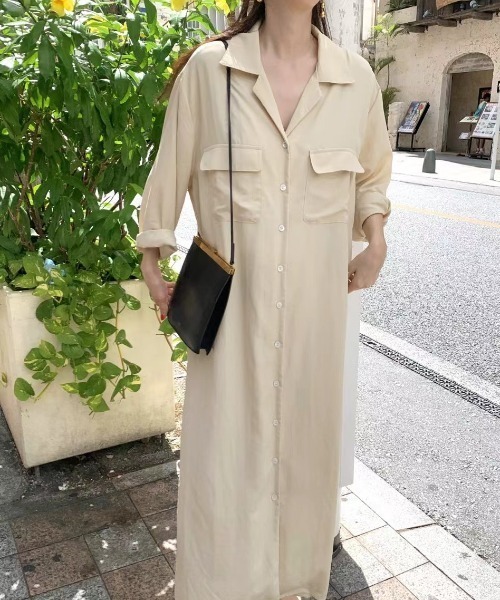 AMAJI(アマジ)の「韓国風 ゆったりシルエット シンプルシャツワンピース ダブルポケット シングルボタン 長袖リラックスワンピース(シャツワンピース・レディース・グリーン/イエロー/ネイビー・FREE)」の1枚目の写真