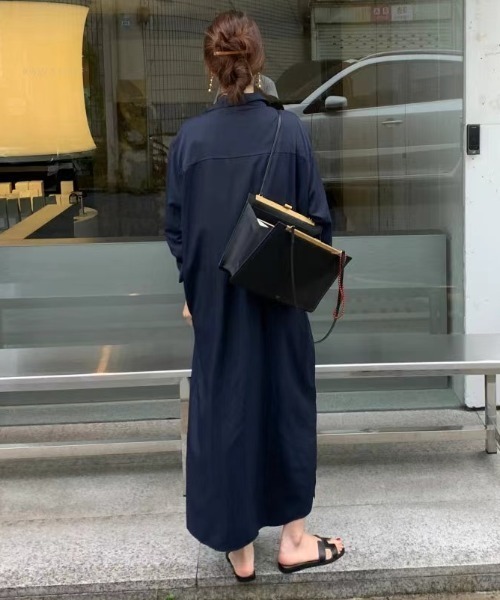 AMAJI(アマジ)の「韓国風 ゆったりシルエット シンプルシャツワンピース ダブルポケット シングルボタン 長袖リラックスワンピース(シャツワンピース・レディース・グリーン/イエロー/ネイビー・FREE)」の13枚目の写真