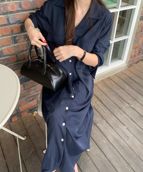AMAJI(アマジ)の「韓国風 ゆったりシルエット シンプルシャツワンピース ダブルポケット シングルボタン 長袖リラックスワンピース(シャツワンピース・レディース・グリーン/イエロー/ネイビー・FREE)」の5枚目の写真