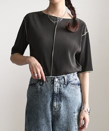配色メロープリーツ半袖トップス