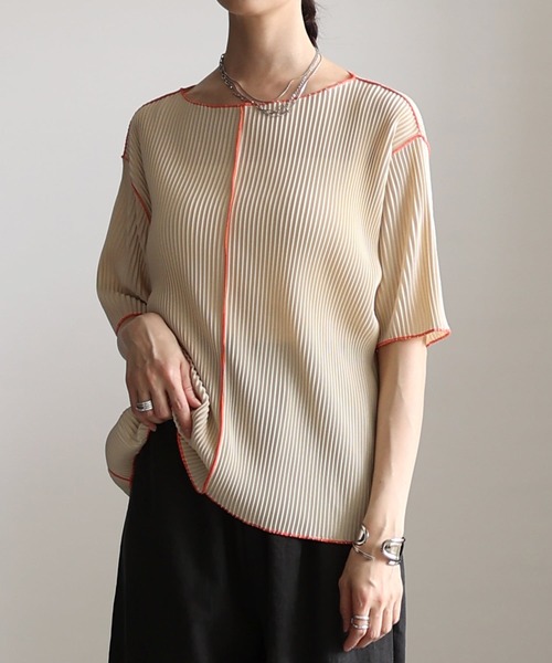 Sawa a la mode(サワアラモード)の「配色メロープリーツ半袖トップス(Tシャツ/カットソー・レディース・チャコールグレー/アイボリー/ネイビー・FREE)」の1枚目の写真