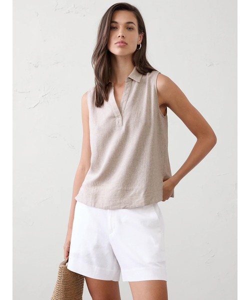 BANANA REPUBLIC FACTORY STORE(バナナリパブリック ファクトリーストア)の「BANANA REPUBLIC FACTORY STORE リネン ブレンド ポップオーバートップス(シャツ/ブラウス・レディース・ホワイト/ナチュラル/ネイビー・L/M/S/XS)」の1枚目の写真