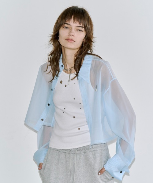 JOSE MOON(ジョゼムーン)の「SHEER JOSEMOON SHORT SHIRTS/シアージョゼムーンショートシャツ(シャツ/ブラウス・レディース・ホワイト/ピンク/ブラック/サックスブルー・FREE)」の3枚目の写真