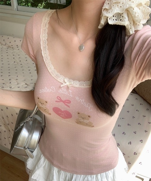 Ritzy(リッツィー)の「トッド柄ベアハートプリントパフスリーブトップス(Tシャツ/カットソー・レディース・アイボリー/ピンク・L/M/S)」の4枚目の写真