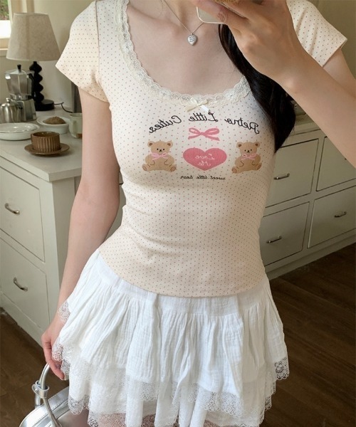 Ritzy(リッツィー)の「トッド柄ベアハートプリントパフスリーブトップス(Tシャツ/カットソー・レディース・アイボリー/ピンク・L/M/S)」の5枚目の写真