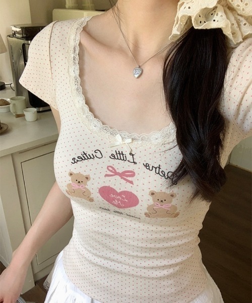 Ritzy(リッツィー)の「トッド柄ベアハートプリントパフスリーブトップス(Tシャツ/カットソー・レディース・アイボリー/ピンク・L/M/S)」の6枚目の写真
