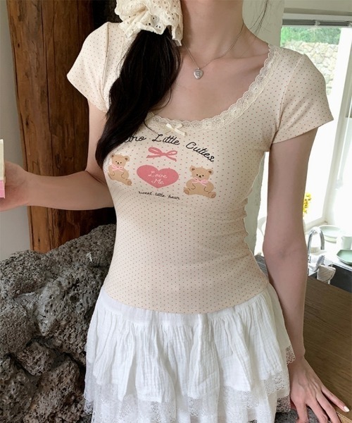 Ritzy(リッツィー)の「トッド柄ベアハートプリントパフスリーブトップス(Tシャツ/カットソー・レディース・アイボリー/ピンク・L/M/S)」の15枚目の写真