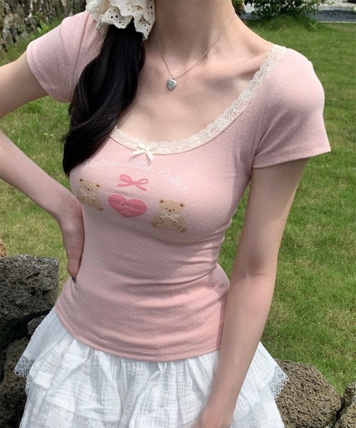 Ritzy(リッツィー)の「トッド柄ベアハートプリントパフスリーブトップス(Tシャツ/カットソー・レディース・アイボリー/ピンク・L/M/S)」の13枚目の写真
