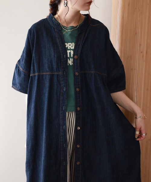 atONE（アットワン）の「ライトオンスデニムスキッパーネックシャツワンピース 半袖（ワンピース・レディース・ネイビー/ブルー/ワンウォッシュ・4L～5L/LL～3L/M～Ｌ）」の16枚目の写真