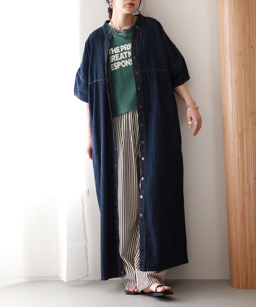 atONE（アットワン）の「ライトオンスデニムスキッパーネックシャツワンピース 半袖（ワンピース・レディース・ネイビー/ブルー/ワンウォッシュ・4L～5L/LL～3L/M～Ｌ）」の14枚目の写真