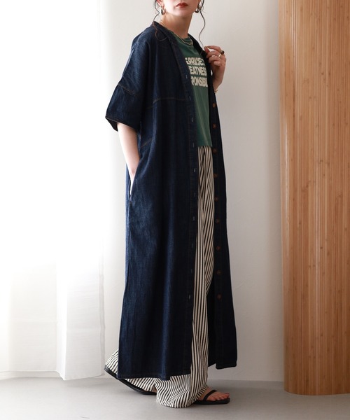 atONE（アットワン）の「ライトオンスデニムスキッパーネックシャツワンピース 半袖（ワンピース・レディース・ネイビー/ブルー/ワンウォッシュ・4L～5L/LL～3L/M～Ｌ）」の11枚目の写真