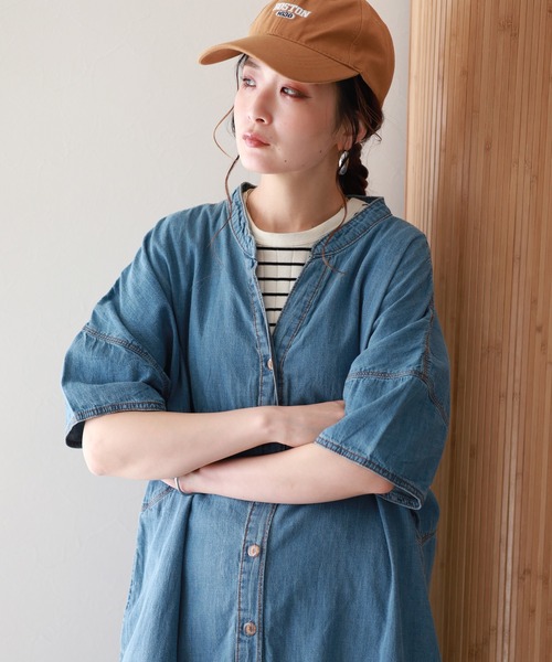 atONE（アットワン）の「ライトオンスデニムスキッパーネックシャツワンピース 半袖（ワンピース・レディース・ネイビー/ブルー/ワンウォッシュ・4L～5L/LL～3L/M～Ｌ）」の4枚目の写真