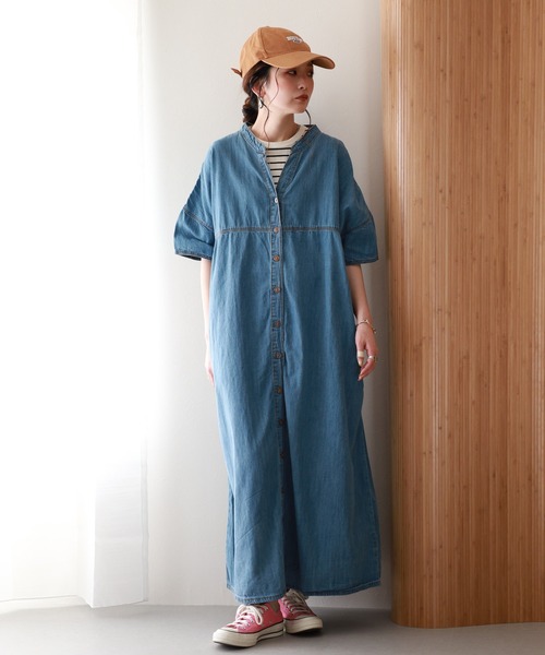 atONE（アットワン）の「ライトオンスデニムスキッパーネックシャツワンピース 半袖（ワンピース・レディース・ネイビー/ブルー/ワンウォッシュ・4L～5L/LL～3L/M～Ｌ）」の6枚目の写真