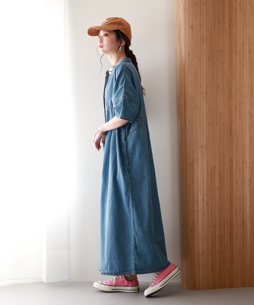 atONE（アットワン）の「ライトオンスデニムスキッパーネックシャツワンピース 半袖（ワンピース・レディース・ネイビー/ブルー/ワンウォッシュ・4L～5L/LL～3L/M～Ｌ）」の7枚目の写真