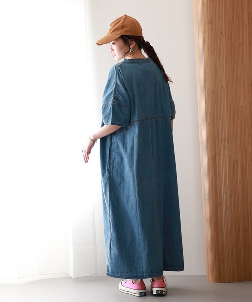 atONE（アットワン）の「ライトオンスデニムスキッパーネックシャツワンピース 半袖（ワンピース・レディース・ネイビー/ブルー/ワンウォッシュ・4L～5L/LL～3L/M～Ｌ）」の8枚目の写真