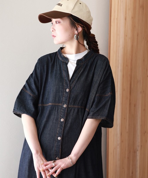 atONE（アットワン）の「ライトオンスデニムスキッパーネックシャツワンピース 半袖（ワンピース・レディース・ネイビー/ブルー/ワンウォッシュ・4L～5L/LL～3L/M～Ｌ）」の9枚目の写真
