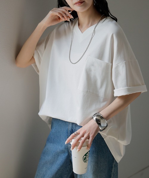 HUG.U(ハグユー)の「「アセナイン」 汗ジミ軽減 VネックボックスTシャツ(Tシャツ/カットソー・レディース・ブルー/オリーブ/ホワイト/ブラック/ライトグレー・FREE)」の2枚目の写真