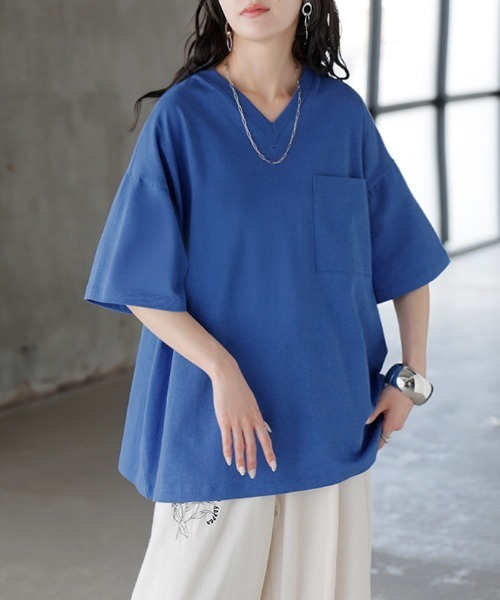 HUG.U(ハグユー)の「「アセナイン」 汗ジミ軽減 VネックボックスTシャツ(Tシャツ/カットソー・レディース・ブルー/オリーブ/ホワイト/ブラック/ライトグレー・FREE)」の5枚目の写真