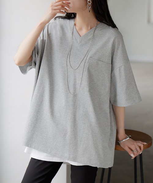 HUG.U(ハグユー)の「「アセナイン」 汗ジミ軽減 VネックボックスTシャツ(Tシャツ/カットソー・レディース・ブルー/オリーブ/ホワイト/ブラック/ライトグレー・FREE)」の4枚目の写真