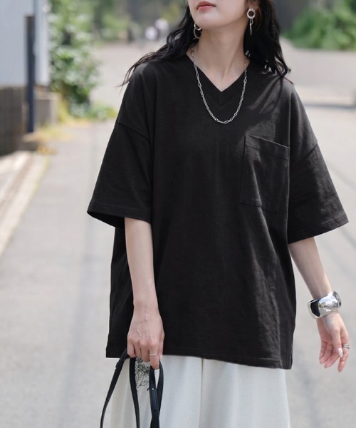 HUG.U(ハグユー)の「「アセナイン」 汗ジミ軽減 VネックボックスTシャツ(Tシャツ/カットソー・レディース・ブルー/オリーブ/ホワイト/ブラック/ライトグレー・FREE)」の3枚目の写真
