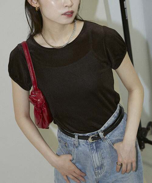 PUBLUX(パブリュクス)の「PUBLUX/パブリュクス パフスリーブ シアー フロッキー Tシャツ 限定展開(Tシャツ/カットソー・レディース・グレー/オフホワイト/ブラウン・フリ-)」の3枚目の写真