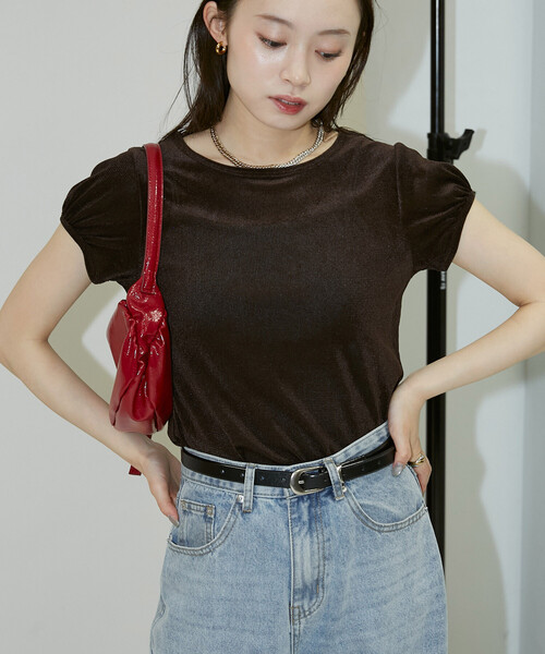 PUBLUX(パブリュクス)の「PUBLUX/パブリュクス パフスリーブ シアー フロッキー Tシャツ 限定展開(Tシャツ/カットソー・レディース・グレー/オフホワイト/ブラウン・フリ-)」の4枚目の写真