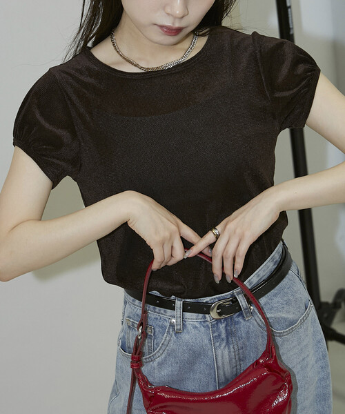 PUBLUX(パブリュクス)の「PUBLUX/パブリュクス パフスリーブ シアー フロッキー Tシャツ 限定展開(Tシャツ/カットソー・レディース・グレー/オフホワイト/ブラウン・フリ-)」の10枚目の写真