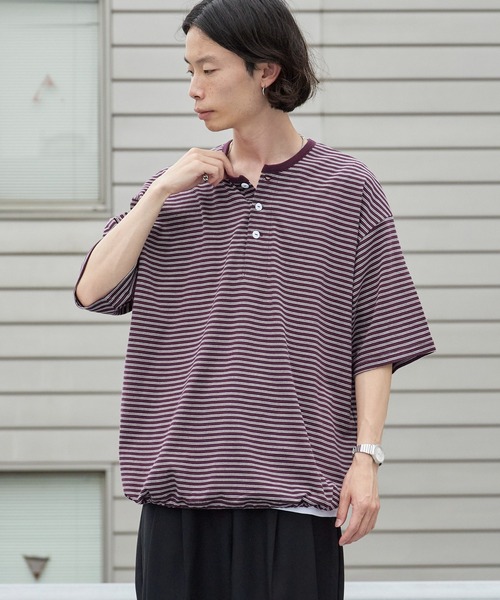 Healthknit(ヘルスニット)の「Healthknit/ヘルスニット Classic Border Jersey Wide Henley S/S クラシックボーダー ワイド ヘンリーネック 半袖 Tシャツ 抗菌防臭 オーバーサイズ メンズ 2026年 夏 夏服(Tシャツ/カットソー・メンズ・ブラック/パープル/グリーン・M/L/XL)」の1枚目の写真
