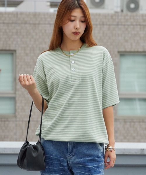 Healthknit(ヘルスニット)の「Healthknit/ヘルスニット Classic Border Jersey Wide Henley S/S クラシックボーダー ワイド ヘンリーネック 半袖 Tシャツ 抗菌防臭 オーバーサイズ メンズ 2026年 夏 夏服(Tシャツ/カットソー・メンズ・ブラック/パープル/グリーン・M/L/XL)」の3枚目の写真