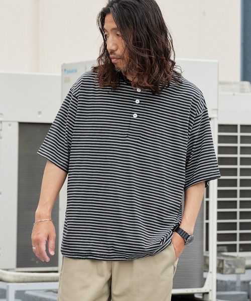 Healthknit(ヘルスニット)の「Healthknit/ヘルスニット Classic Border Jersey Wide Henley S/S クラシックボーダー ワイド ヘンリーネック 半袖 Tシャツ 抗菌防臭 オーバーサイズ メンズ 2026年 夏 夏服(Tシャツ/カットソー・メンズ・ブラック/パープル/グリーン・M/L/XL)」の2枚目の写真