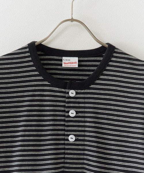 Healthknit(ヘルスニット)の「Healthknit/ヘルスニット Classic Border Jersey Wide Henley S/S クラシックボーダー ワイド ヘンリーネック 半袖 Tシャツ 抗菌防臭 オーバーサイズ メンズ 2026年 夏 夏服(Tシャツ/カットソー・メンズ・ブラック/パープル/グリーン・M/L/XL)」の4枚目の写真
