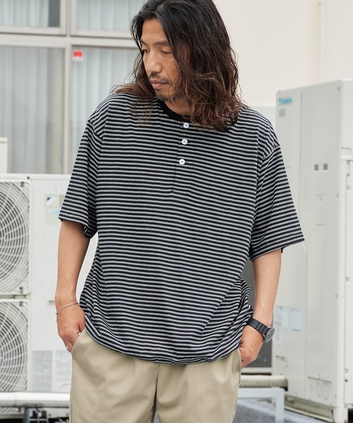 Healthknit(ヘルスニット)の「Healthknit/ヘルスニット Classic Border Jersey Wide Henley S/S クラシックボーダー ワイド ヘンリーネック 半袖 Tシャツ 抗菌防臭 オーバーサイズ メンズ 2026年 夏 夏服(Tシャツ/カットソー・メンズ・ブラック/パープル/グリーン・M/L/XL)」の13枚目の写真