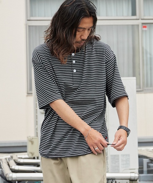Healthknit(ヘルスニット)の「Healthknit/ヘルスニット Classic Border Jersey Wide Henley S/S クラシックボーダー ワイド ヘンリーネック 半袖 Tシャツ 抗菌防臭 オーバーサイズ メンズ 2026年 夏 夏服(Tシャツ/カットソー・メンズ・ブラック/パープル/グリーン・M/L/XL)」の14枚目の写真