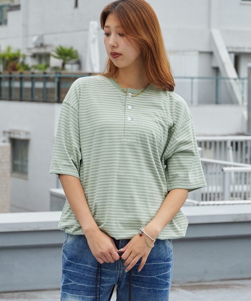 Healthknit(ヘルスニット)の「Healthknit/ヘルスニット Classic Border Jersey Wide Henley S/S クラシックボーダー ワイド ヘンリーネック 半袖 Tシャツ 抗菌防臭 オーバーサイズ メンズ 2026年 夏 夏服(Tシャツ/カットソー・メンズ・ブラック/パープル/グリーン・M/L/XL)」の20枚目の写真