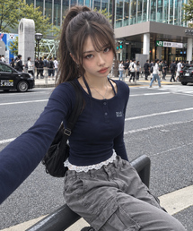muahmuah（ムーアムーア）の「レース配色ホルターネックTシャツ [7color]（Tシャツ/カットソー）」