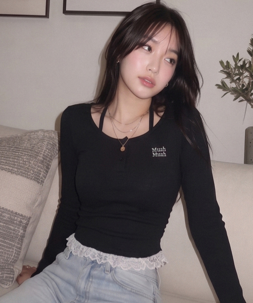 muahmuah（ムーアムーア）の「レース配色ホルターネックTシャツ[ブラック]（Tシャツ/カットソー・レディース・ブラック・FREE）」の5枚目の写真