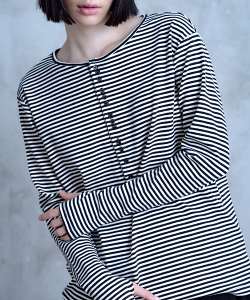 TAMYU(タミュー)の「TAMYU - Morse Button Border Long-Sleeve / モールスボタンボーダーロンT(Tシャツ/カットソー・メンズ・グレー/ホワイト・FREE/SMALL)」の1枚目の写真