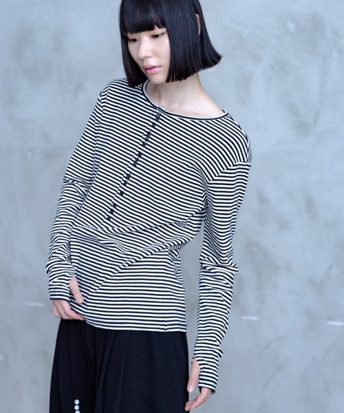 TAMYU(タミュー)の「TAMYU - Morse Button Border Long-Sleeve / モールスボタンボーダーロンT(Tシャツ/カットソー・メンズ・グレー/ホワイト・FREE/SMALL)」の12枚目の写真