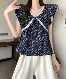 総柄フラワー フロントリボン フリル フレンチスリーブ ショート丈トップス