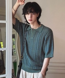 NOWLE（ノウル）の「【NOWLE】ミックスストライプ ケーブル編み ニット ポロシャツ / リラックス サマー 半袖トップス（ポロシャツ）」