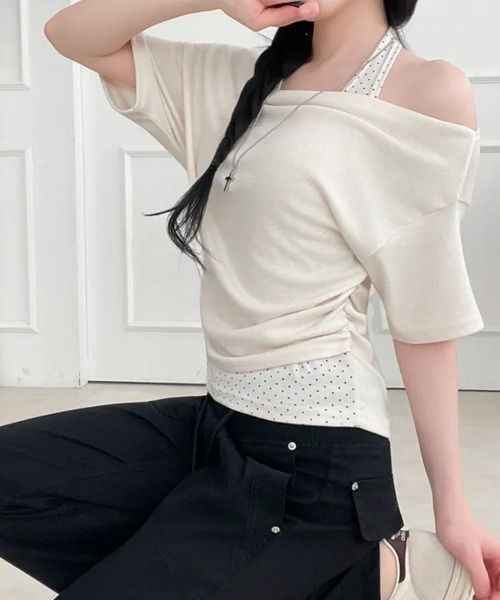 Emilie(エミリー)の「ドットホルターネックドッキング 半袖トップス(Tシャツ/カットソー・レディース・ブルー/クリーム/ブラック/カーキ・FREE)」の7枚目の写真