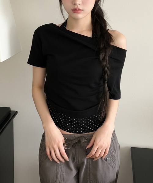 Emilie(エミリー)の「ドットホルターネックドッキング 半袖トップス(Tシャツ/カットソー・レディース・ブルー/クリーム/ブラック/カーキ・FREE)」の19枚目の写真