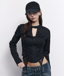 Delphine Shirring Zip up Shirt (Black)