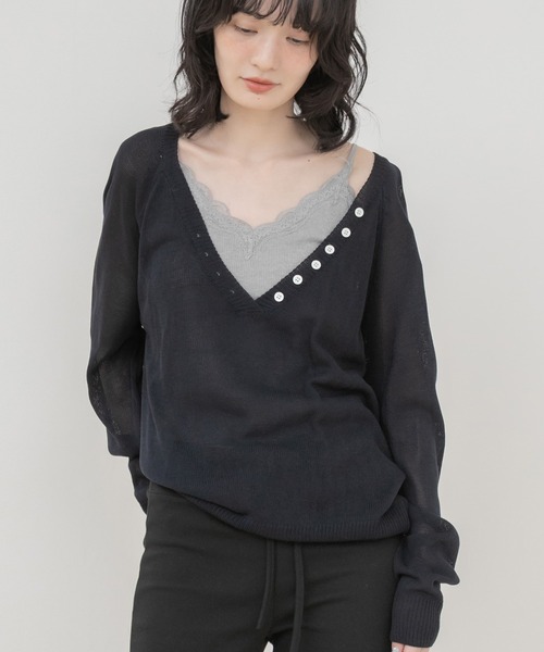 HEILIS(ヘイリス)の「ボタン配色深Vネックニット/Vネックニット ニットトップス 長袖ニット 深Vネック 配色ニット ボタンデザイン レイヤードニット プルオーバー 韓国ファッション 韓国コーデ カジュアル レディライク デイリー 春服 秋服 冬服 ブラウン ホワイト ネイビー(ニット/セーター・レディース・ホワイト/ブラウン/ネイビー・FREE)」の7枚目の写真