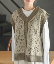 レース使いケーブルニットベスト