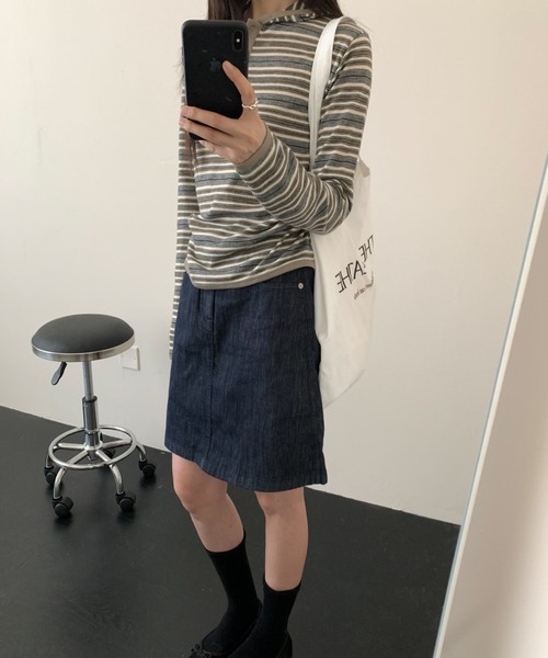 CHUN CHUN NOTES(チュンチュンノーツ)の「26AW/マルチボーダー ヘンリーネックフーデッドニットトップス(ニット/セーター・レディース・ベージュ/ブラック・M)」の8枚目の写真