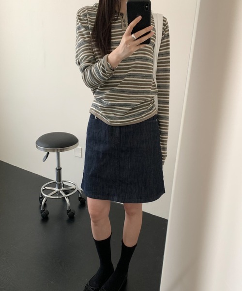 CHUN CHUN NOTES(チュンチュンノーツ)の「26AW/マルチボーダー ヘンリーネックフーデッドニットトップス(ニット/セーター・レディース・ベージュ/ブラック・M)」の9枚目の写真