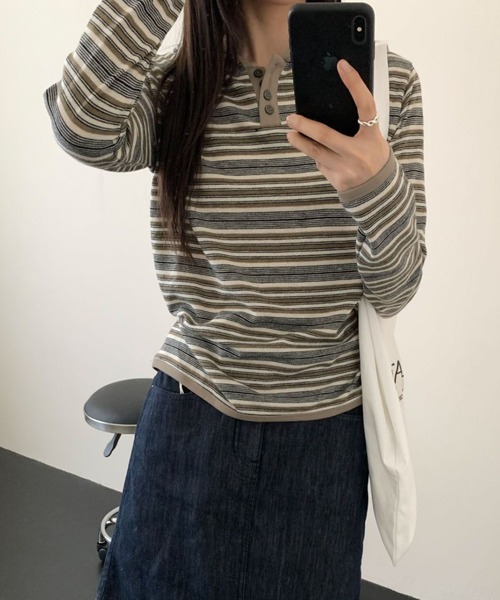 CHUN CHUN NOTES(チュンチュンノーツ)の「26AW/マルチボーダー ヘンリーネックフーデッドニットトップス(ニット/セーター・レディース・ベージュ/ブラック・M)」の11枚目の写真