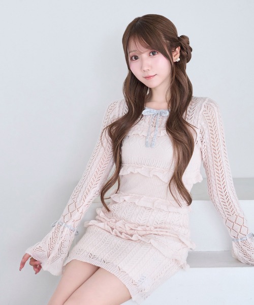 Rose Muse（ロゼミューズ）の「Crochet knit mini o/p（ワンピース・レディース・ピンク/ホワイト・FREE）」の2枚目の写真